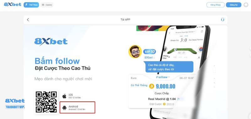 App cá cược 8xbet được tải trên hệ điều hành Android 