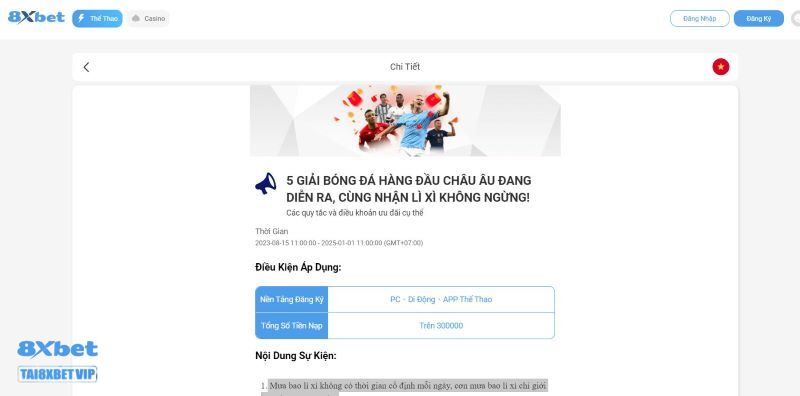 Nhận lì xì từ khuyến mãi 8xbet với 5 giải bóng đá