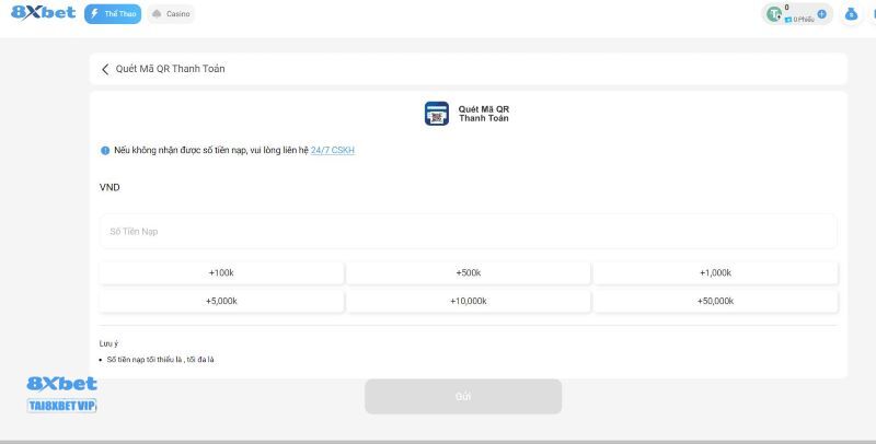 Nạp tiền thông qua quét mã QR tại nhà cái 8xbet 