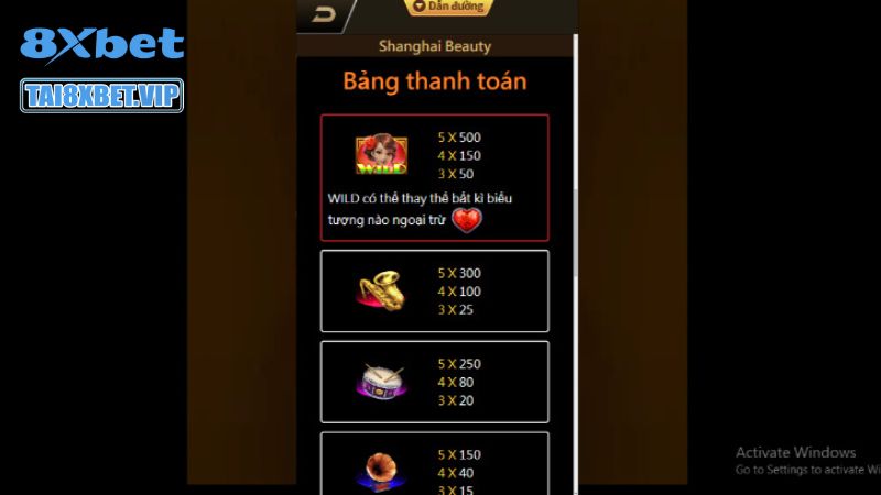 Mức thanh toán trong game Nổ hũ Shanghai Beauty