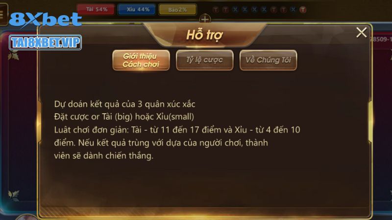 Các khu vực chức năng người chơi cần biết khi chơi Tài Xỉu Sicbo 8Xbet